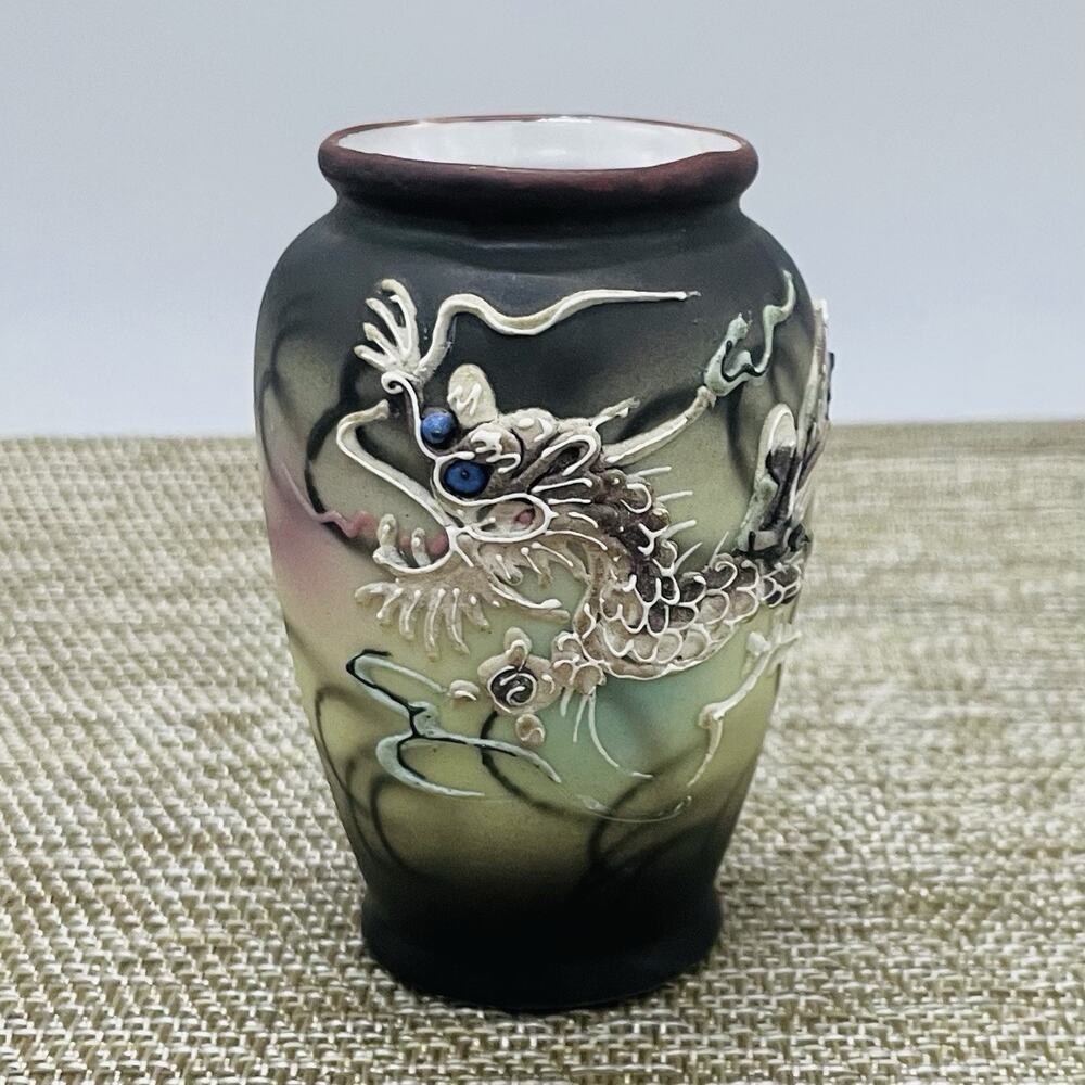 Vintage Green, Pink, Brown Moriage Dragonware Ceramic Mini Vase Japan 3"